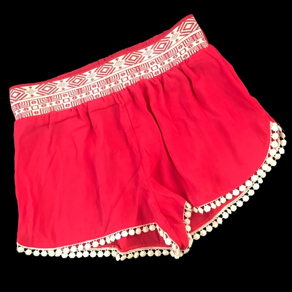 Stylebook Pants - Stylebook Coral Chiffon Pom Pom Shorts